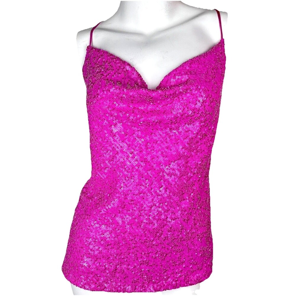 Women’s Size M Soft Cami Top Sequin Hot Pink Barbie Coquette Fairy Cowl Neck